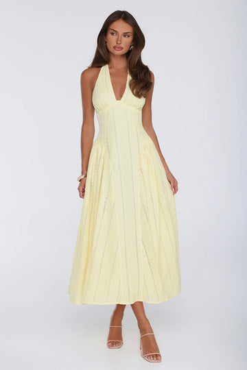 Petal Whimsy Halter Maxi Dress Lemon