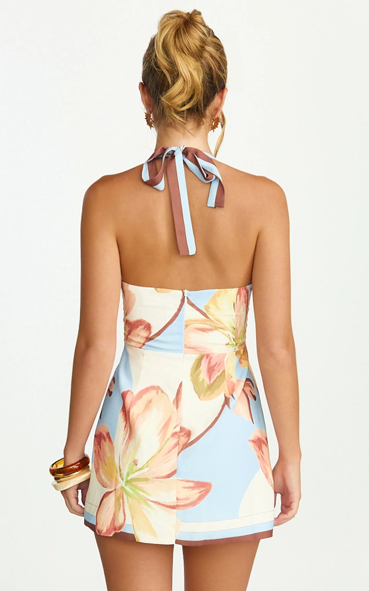 Robyn Mini Dress - Square Neck Halter Neck Faux Wrap Dress in Yellow Retro Flower Border Print