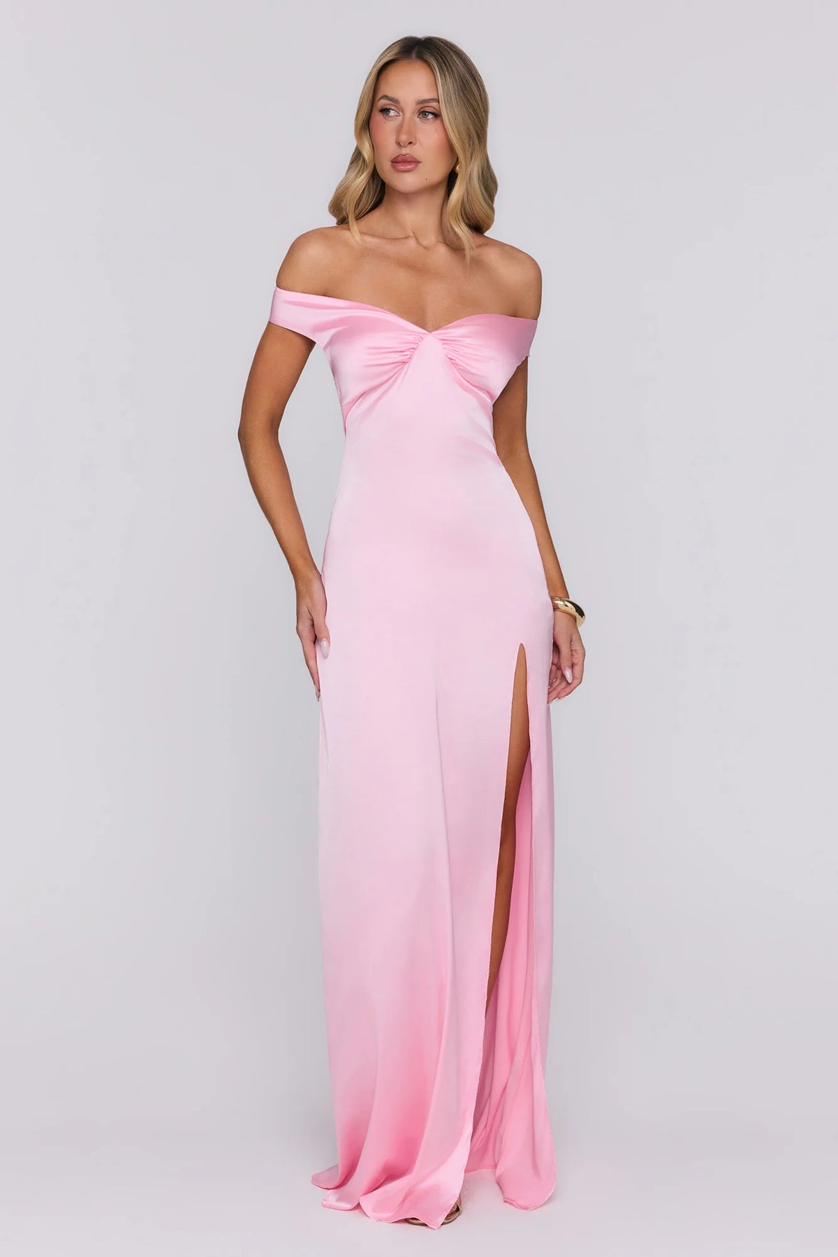 Spark Babe Off Shoulder Satin Maxi Dress Pink