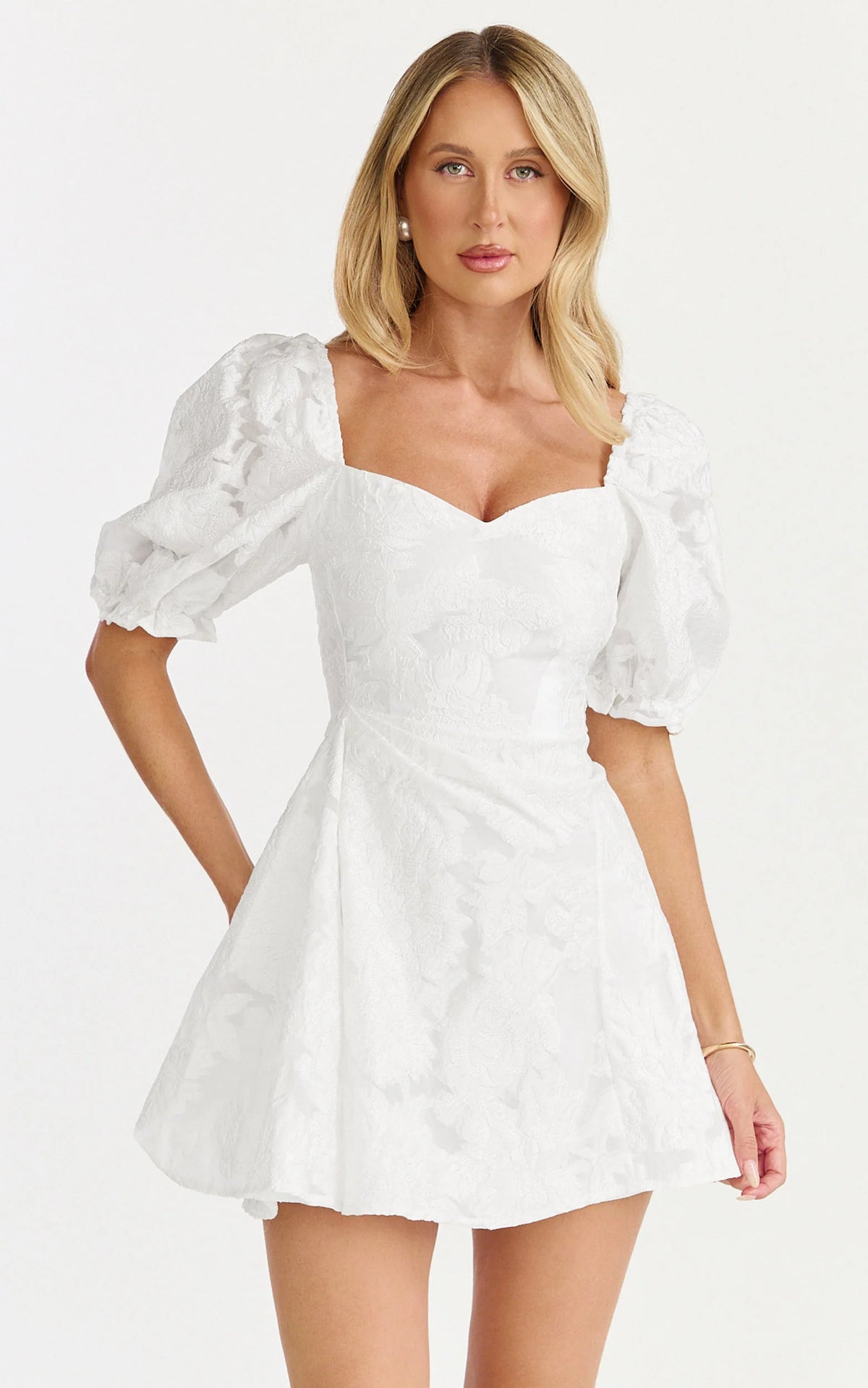 Brailey Mini Dress - Puff Sleeve Fit and Flare Dress in White