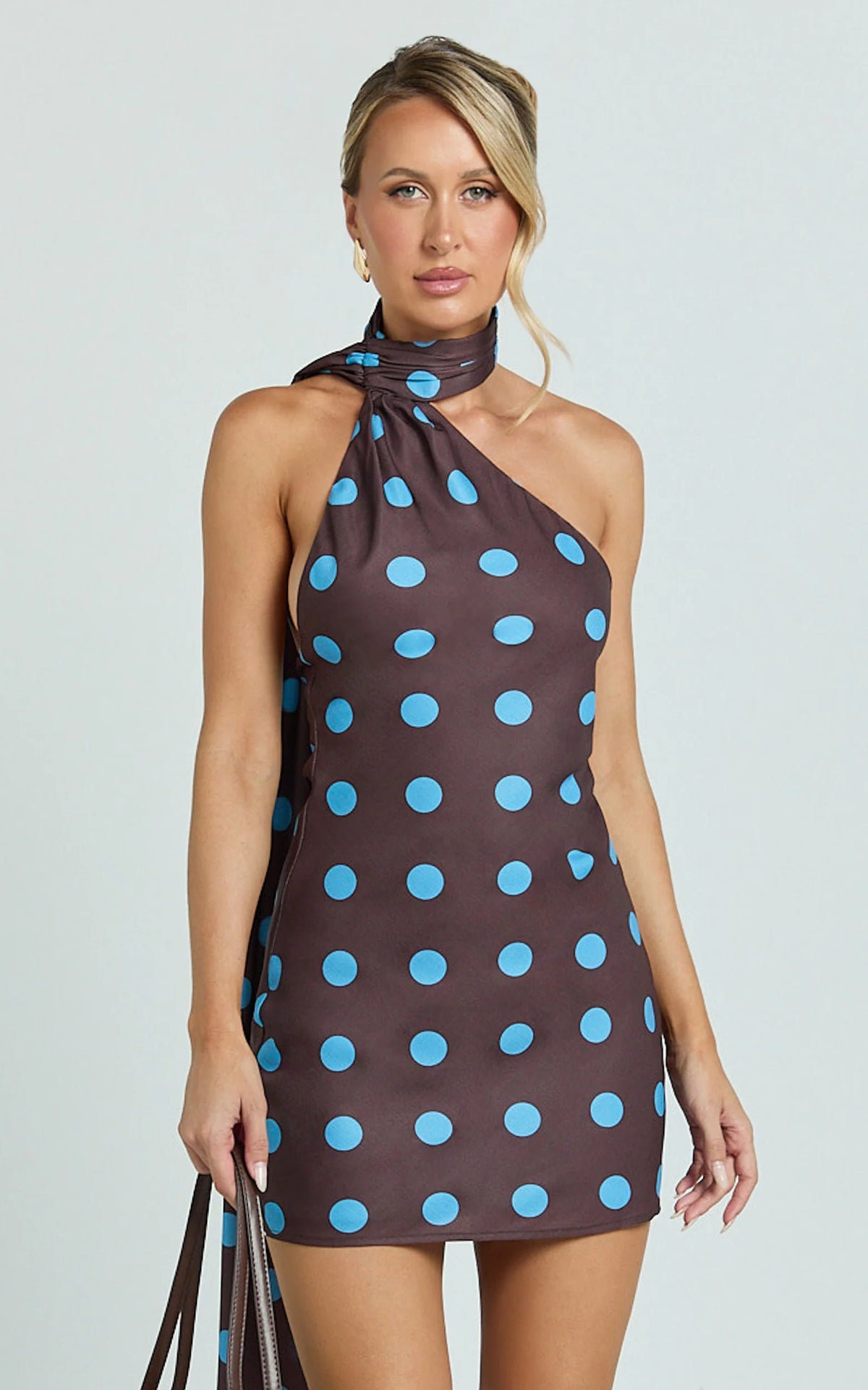 Maddox Mini Dress - Scarf Neck Low Tie Back Slip Dress in Brown