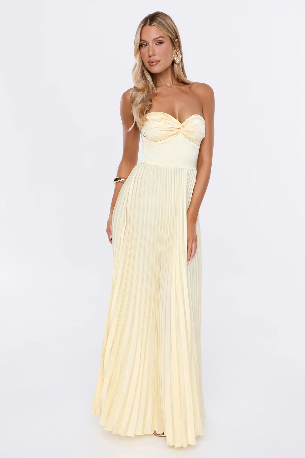Dress Society Satin Pleated Strapless Maxi Dress Yellow