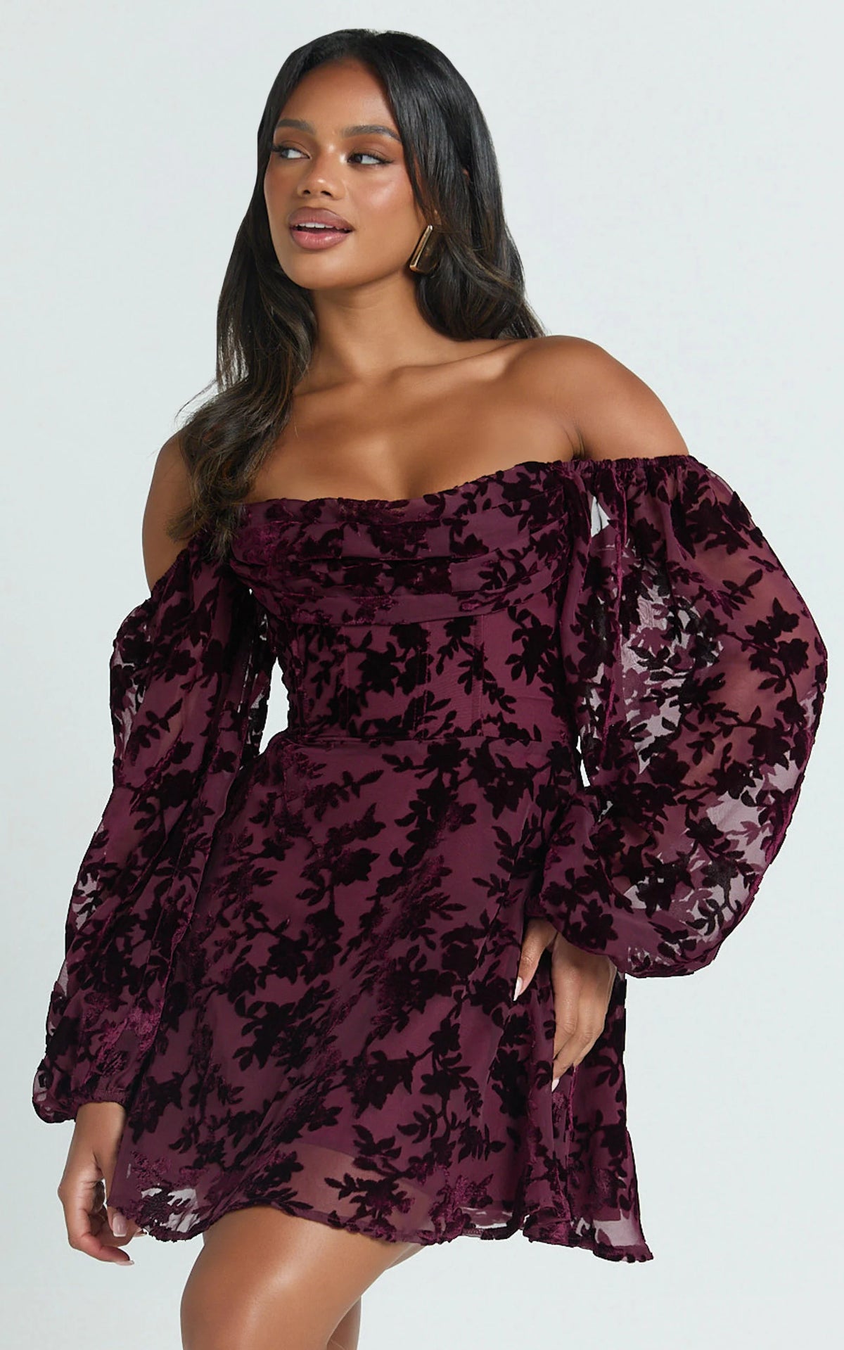 Jessell Mini Dress - Long Sleeve Cowl Corset Dress in Burnt Out Floral