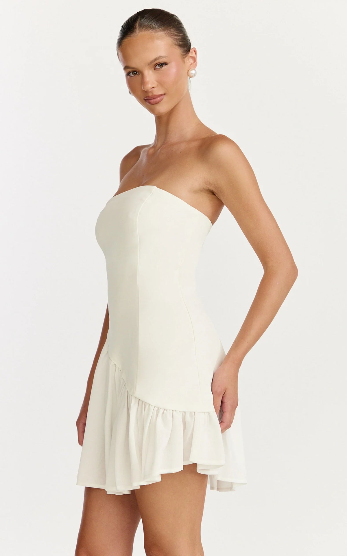 Calla Mini Dress - Strapless Gathered Asymmetric Dropped Waist Dress in Light Blue