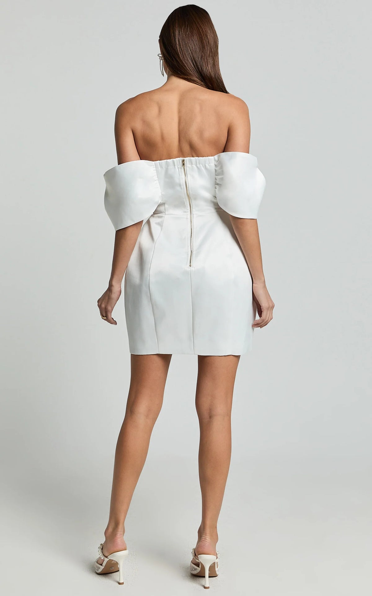 Demelza Mini Dress - V Bar Off Shoulder Satin Dress in Ivory