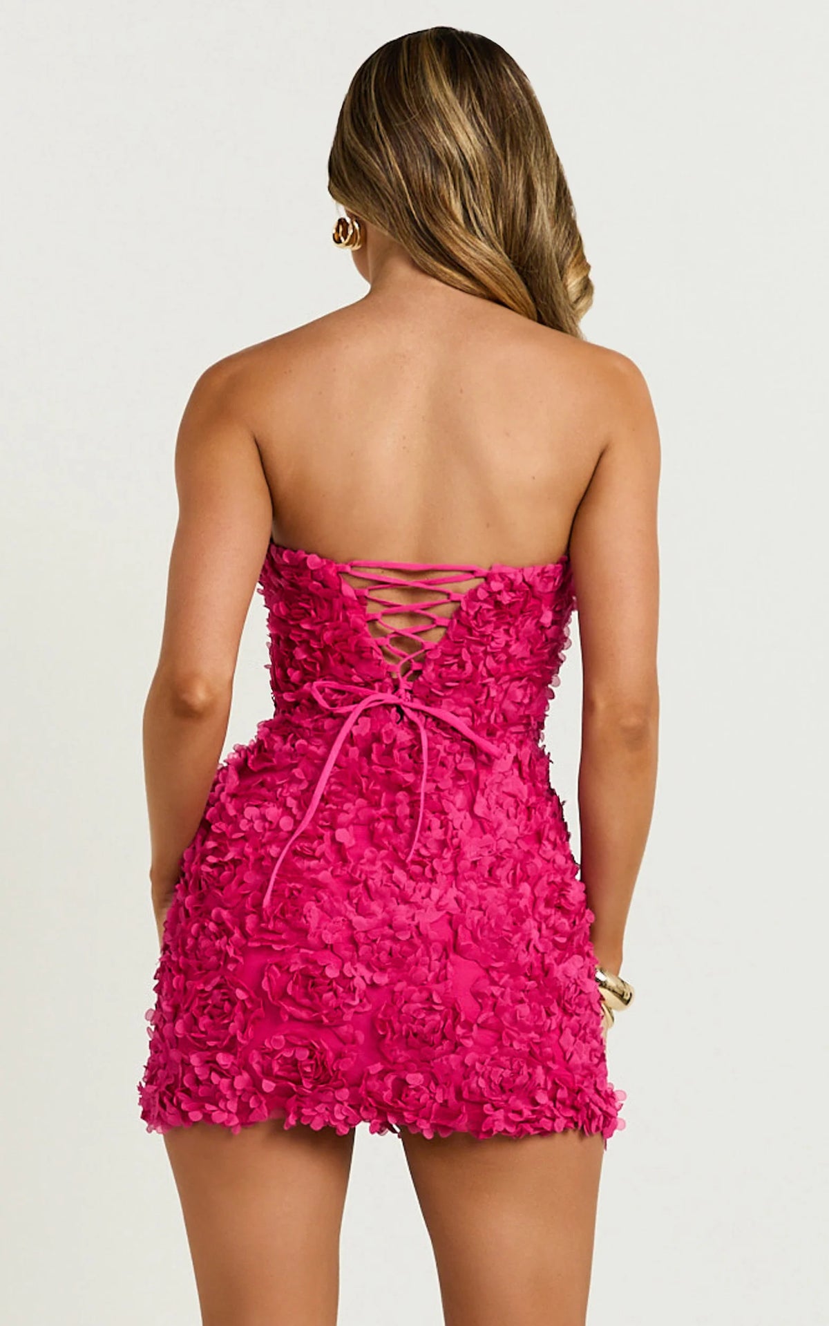 Cassia Mini Dress - Strapless 3D Floral Lace Up Back Dress in Black
