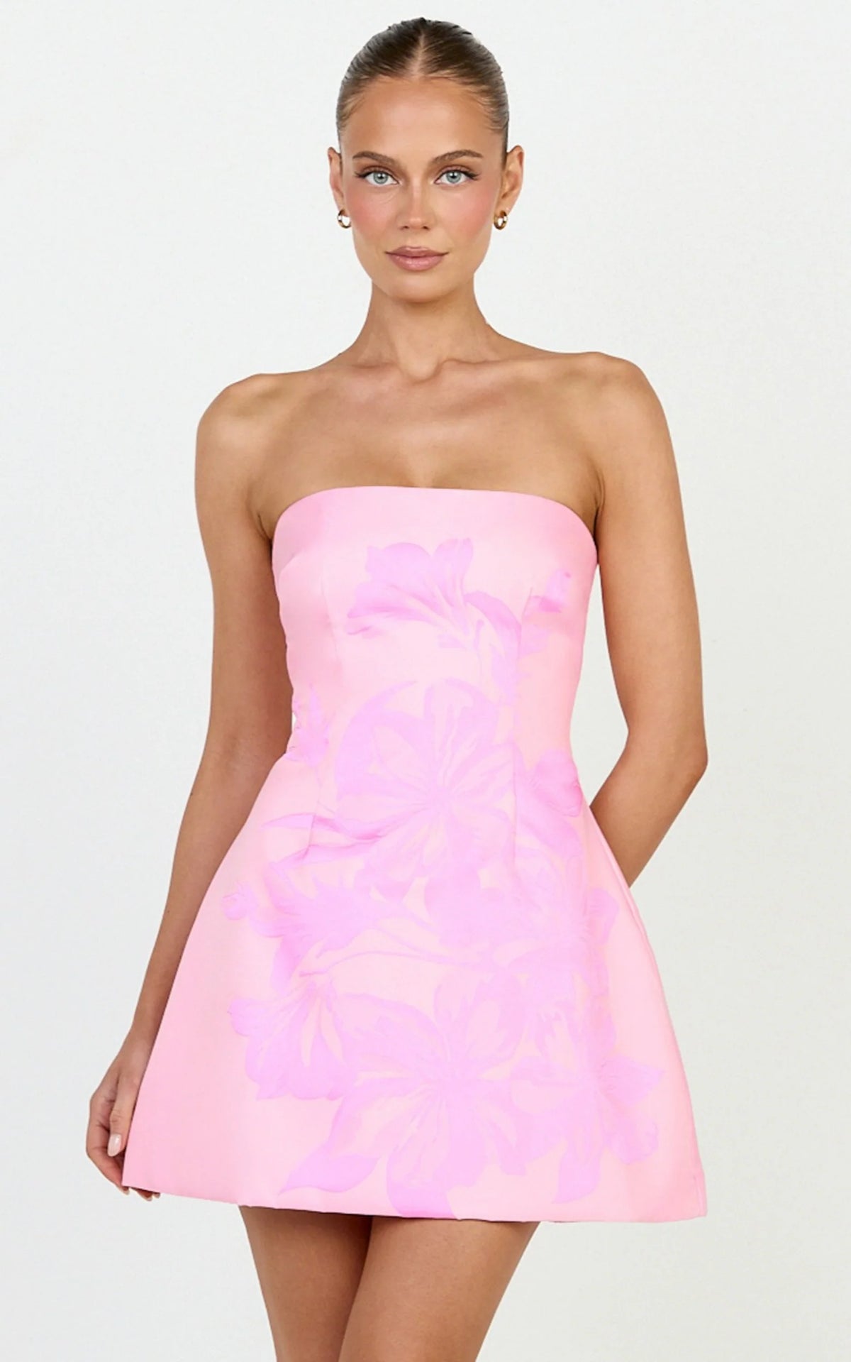Emme Mini Dress - Strapless Jacquard Placement Floral A Line Dress in Blue
