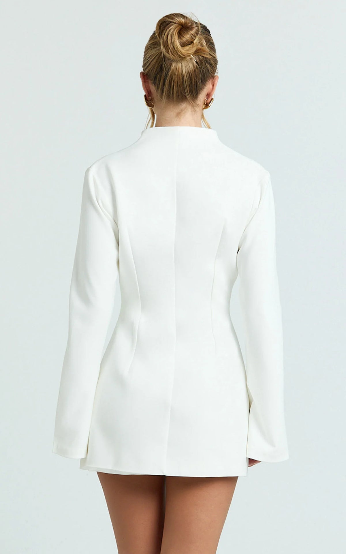 Layton Mini Dress - V Neck Long Sleeve Button Front Tulip Skirt Dress in White