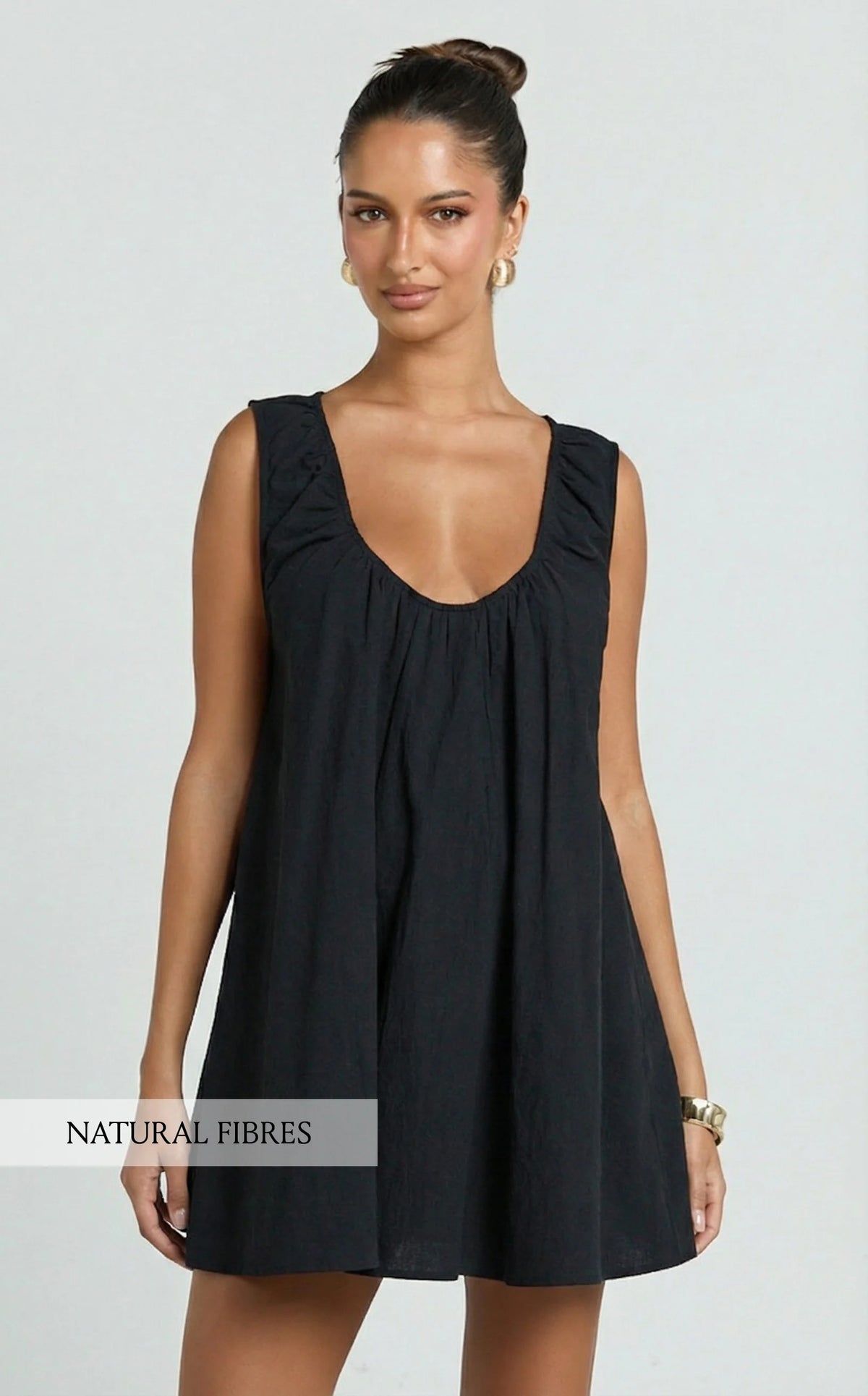 Lucinda Mini Dress - Deep U Gathered Neck Smock Dress in Pale Blue