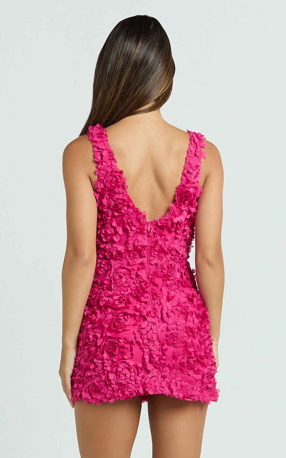 Viola Mini Dress - 3D Floral Plunge Neck Dress in Pink