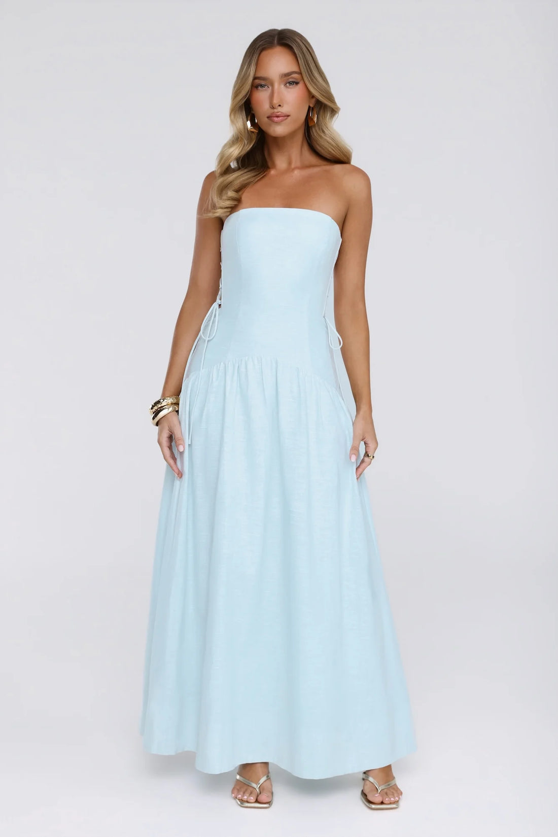 Just Feels Right Linen Blend Strapless Maxi Dress Blue