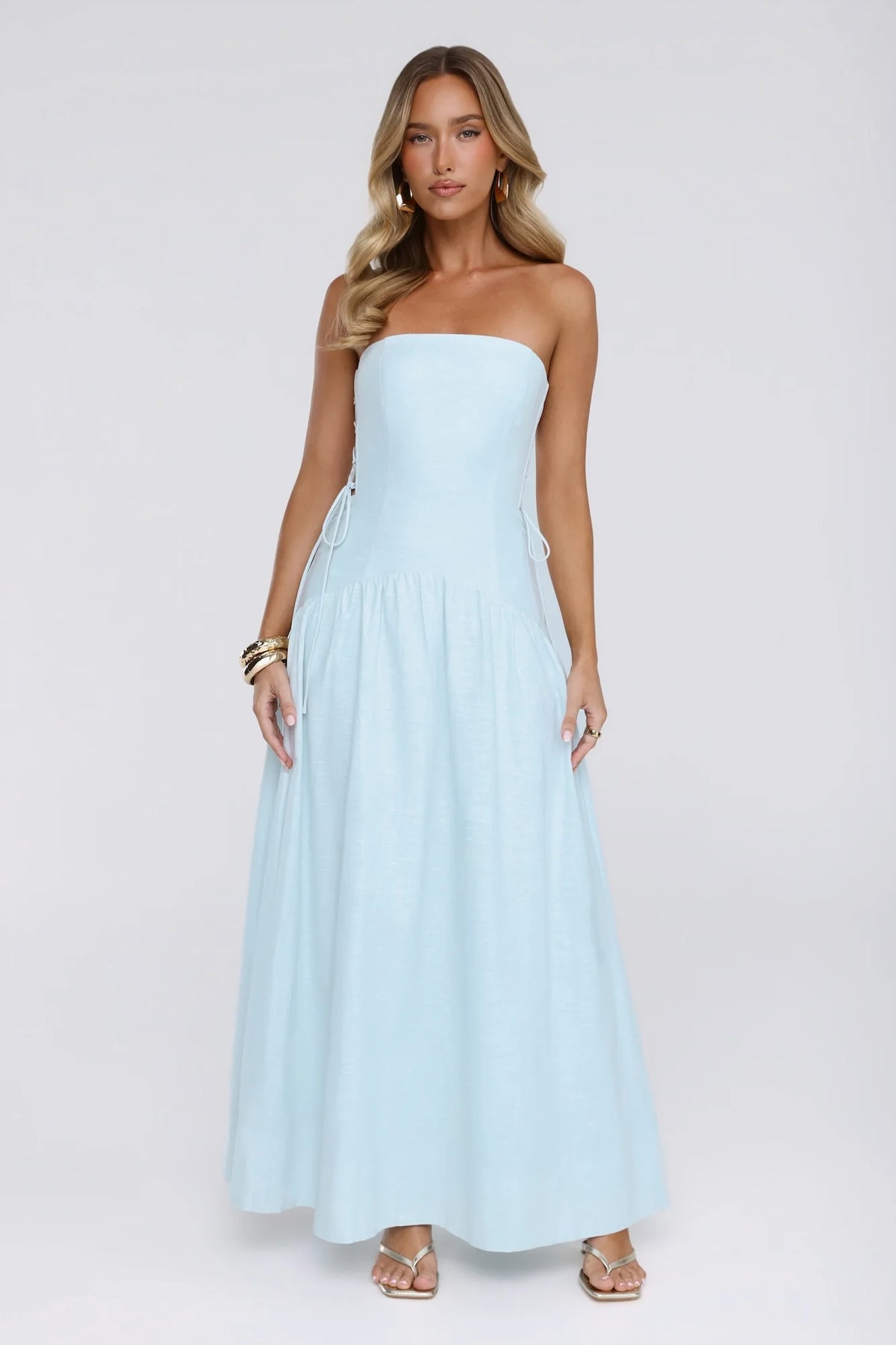 Just Feels Right Linen Blend Strapless Maxi Dress Blue