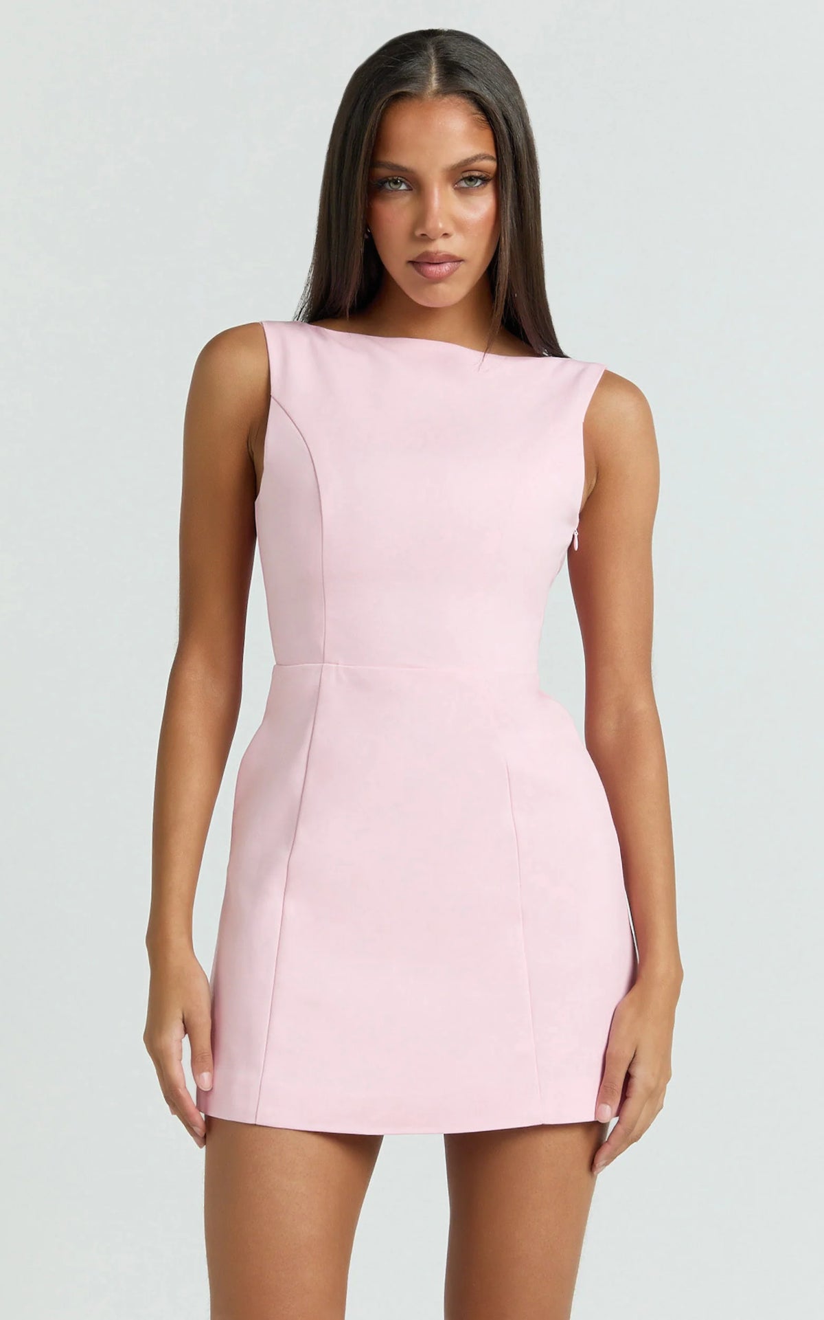 Windsor Mini Dress - Boatneck A-Line Skirt Back Bow Dress in Pale Pink