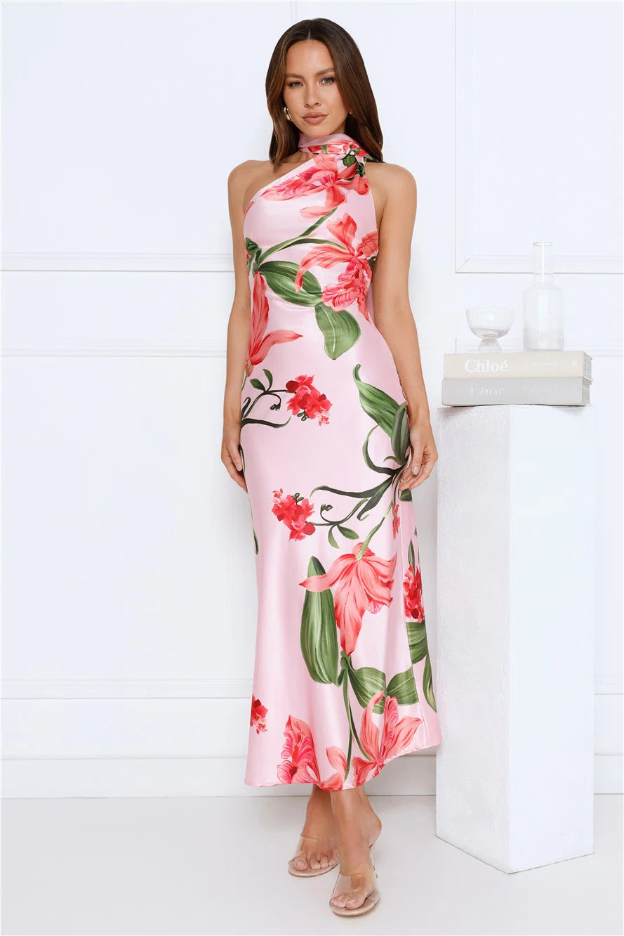 Romance In Bloom Satin Maxi Dress Blue