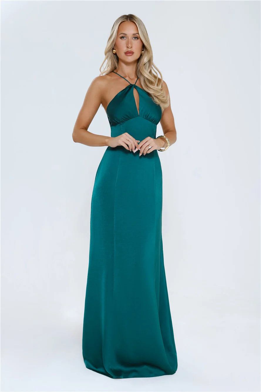 Gleam Dream Satin Maxi Dress Emerald