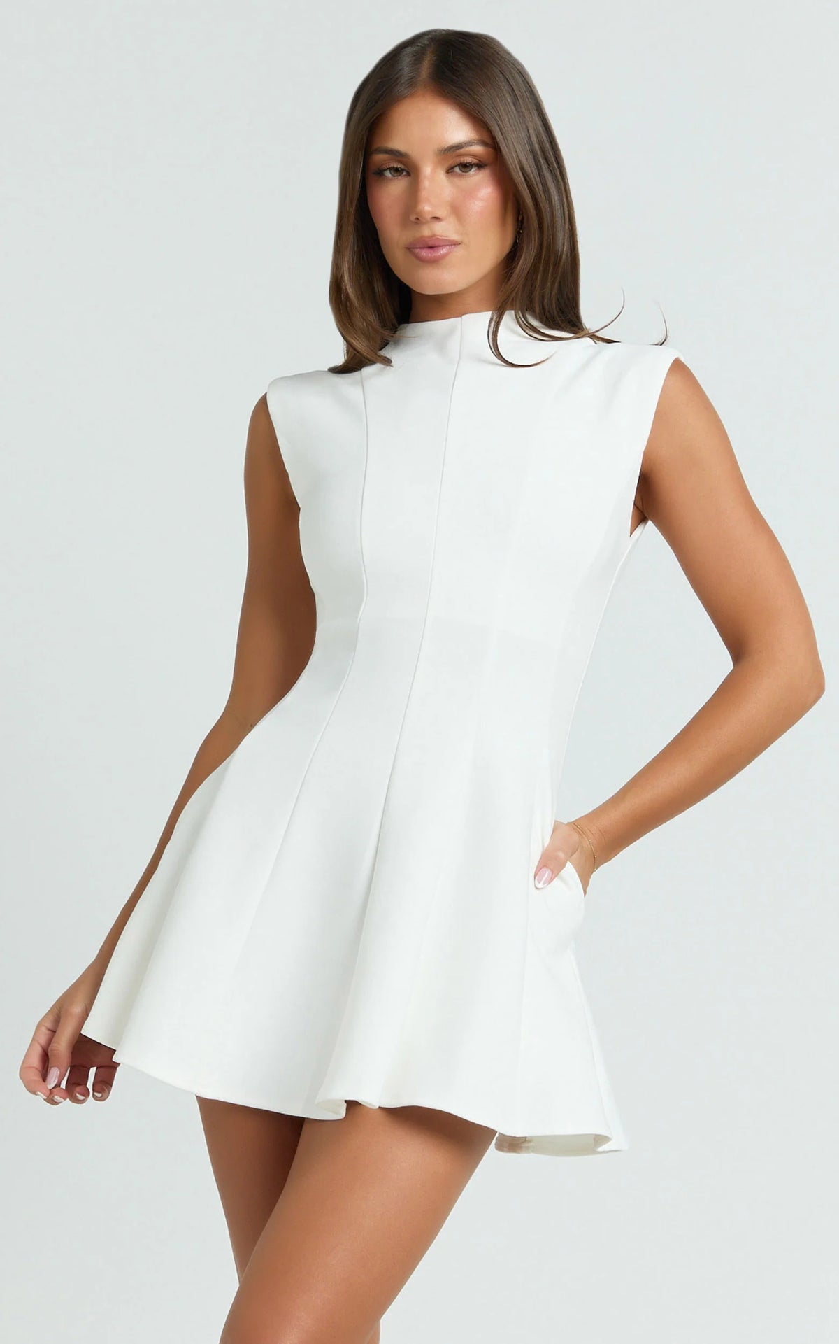 Becky Mini Dress - High Neck Sleeveless Fit And Flare Dress in Pink