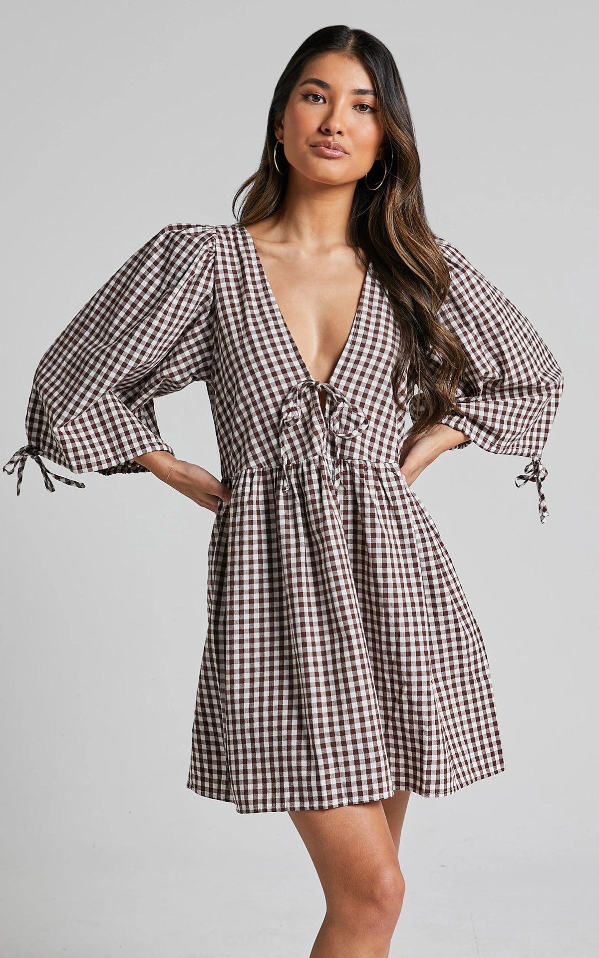 Rosita Mini Dress - Tie Front Puff Sleeve Dress in Black and White Check