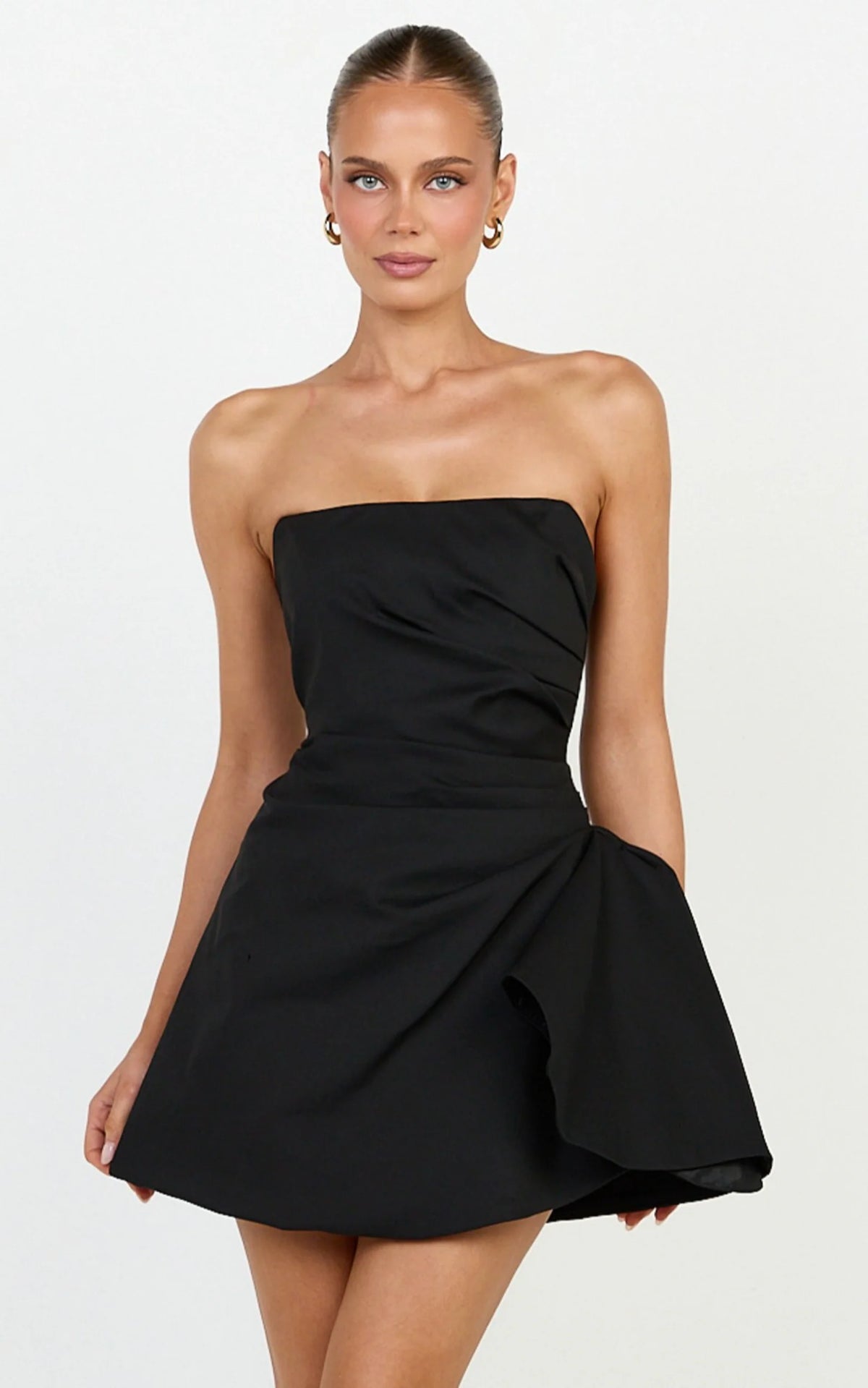 Celeste Mini Dress - Strapless Sculptural Tuck Dress in Black