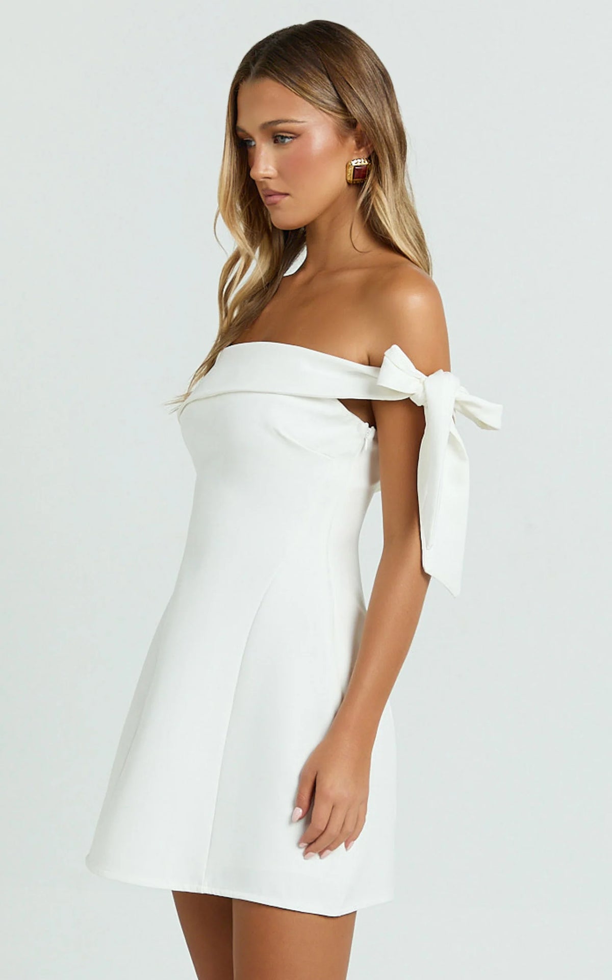 Cecilia Mini Dress - Off Shoulder Tie Detail Dress in Pale Blue