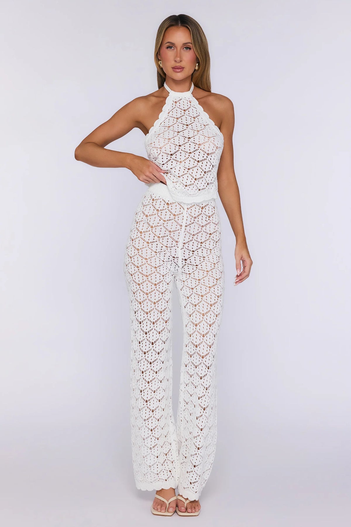 Palm Shade Halter Knit Top White