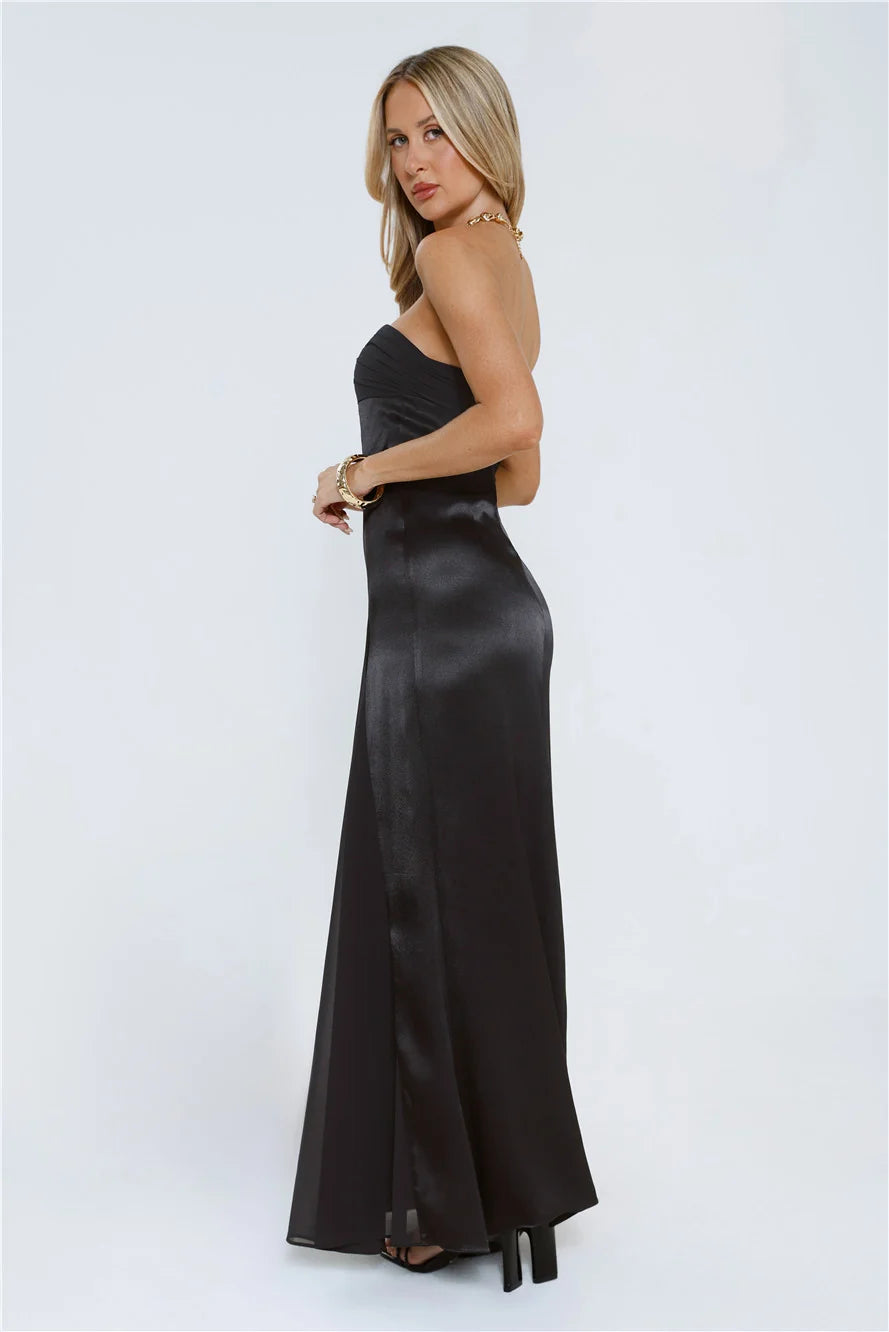 Statement Shine Strapless Satin Maxi Dress Red