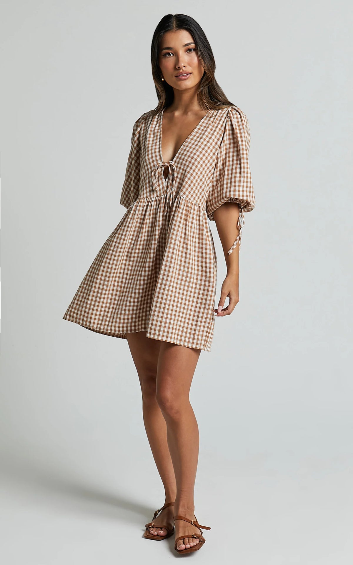Rosita Mini Dress - Tie Front Puff Sleeve Dress in Black and White Check