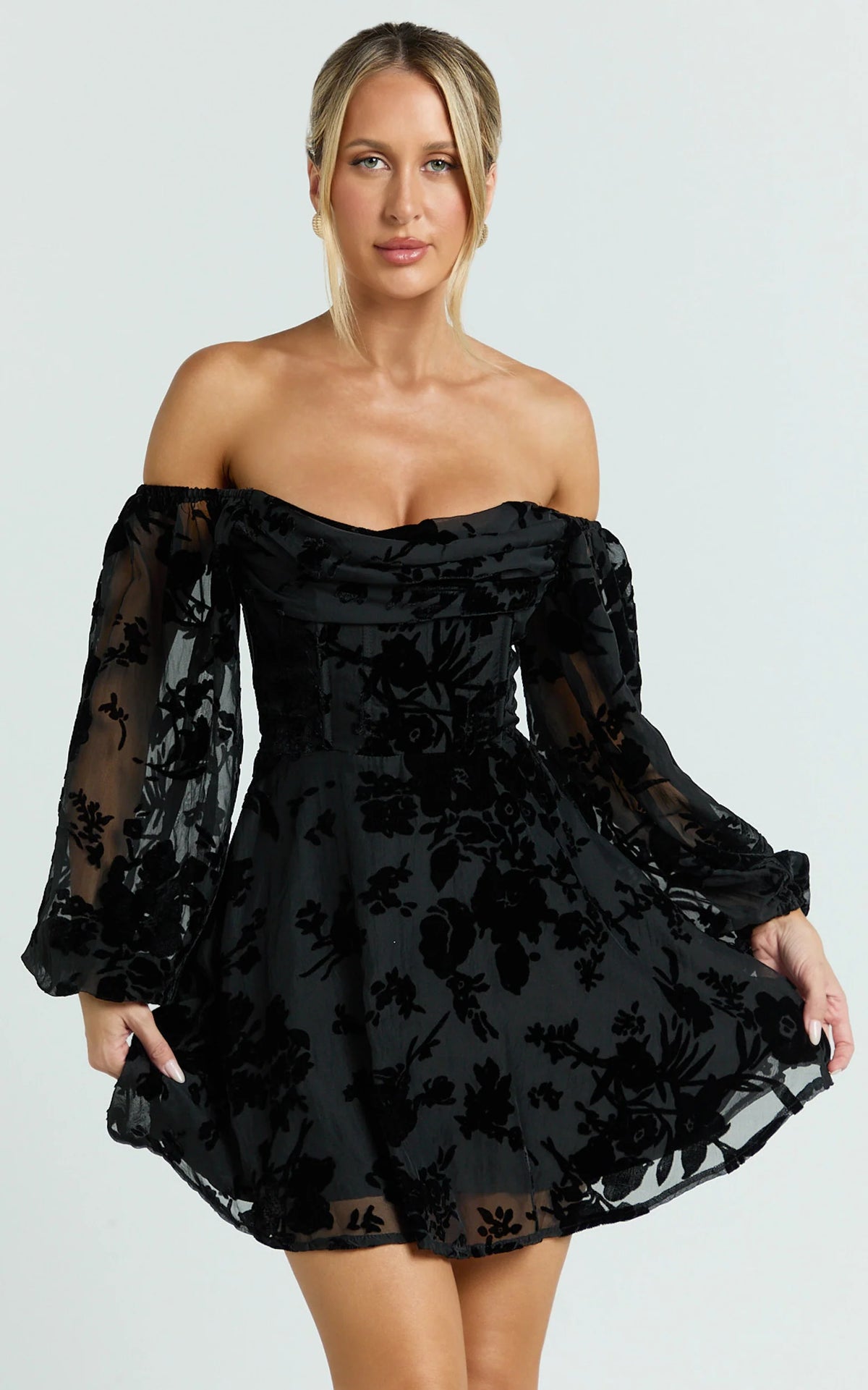 Jessell Mini Dress - Long Sleeve Cowl Corset Dress in Burnt Out Floral