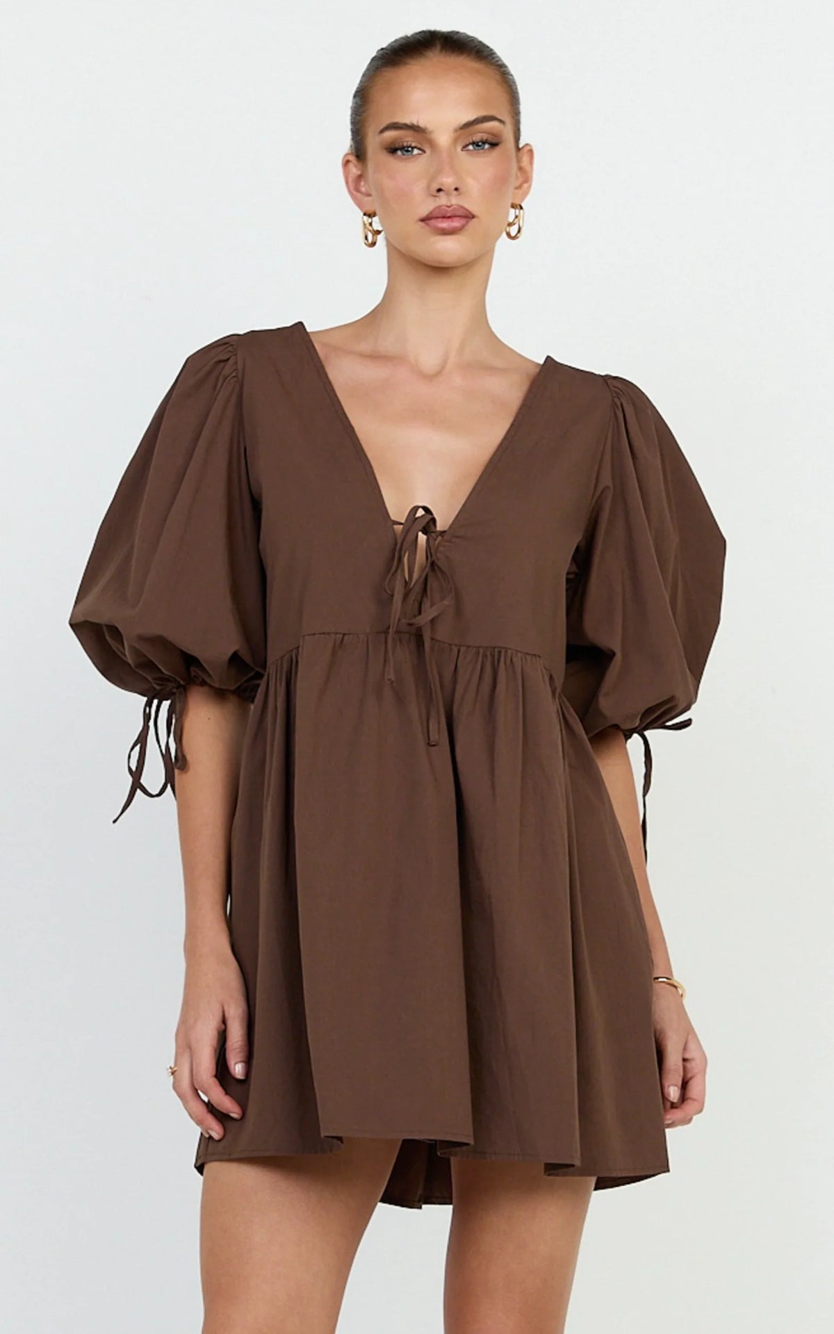 Rosita Mini Dress - Tie Front Puff Sleeve Dress in Black and White Check