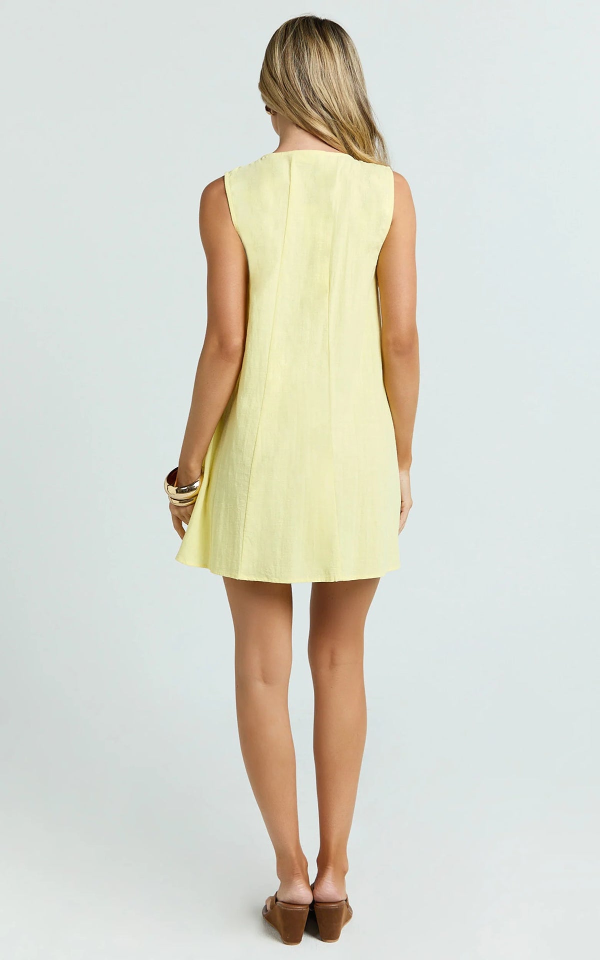 Lucinda Mini Dress - Deep U Gathered Neck Smock Dress in Pale Blue