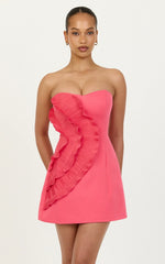 Dahlia Mini Dress - Strapless Side Frill Pleated A Line Dress in Pink