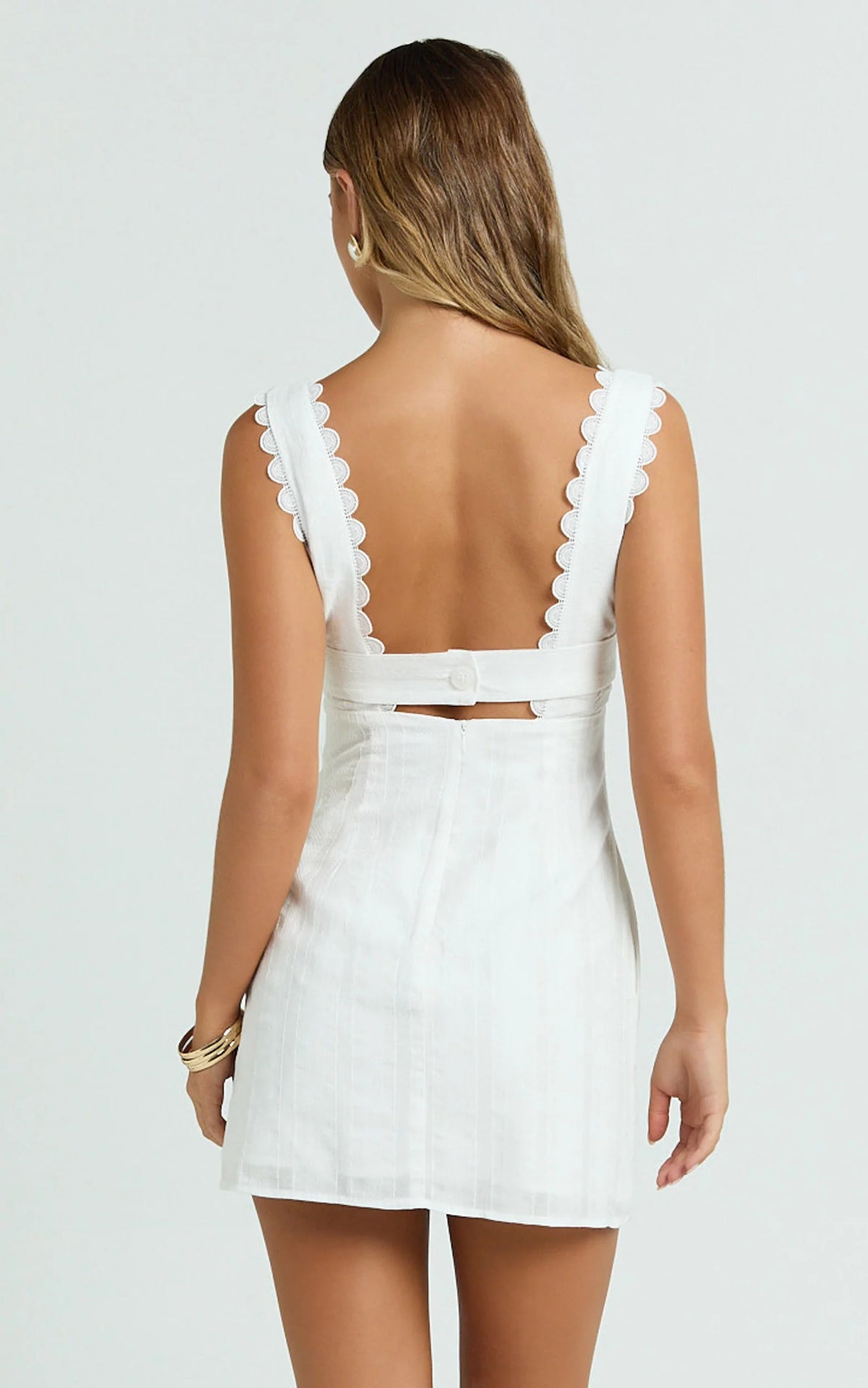 Sylvia Mini Dress - Square Neck Lace Trim A Line Mini Dress in White