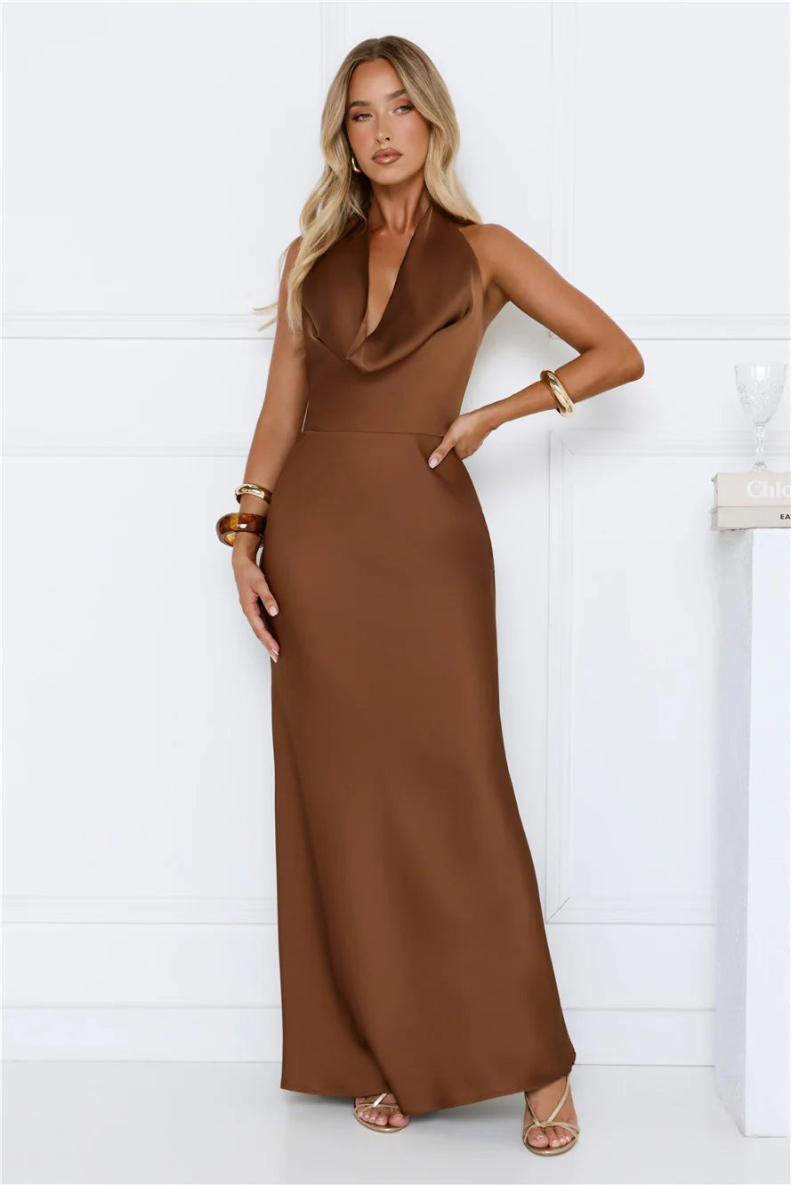 Cherry Whirl Satin Halter Maxi Dress Emerald