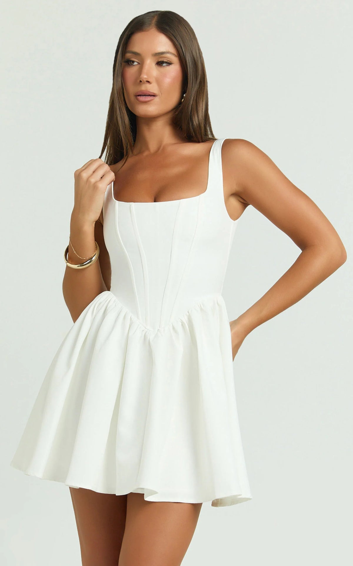 Aimee Mini Dress - Scoop Neck Corset Gathered Dress in Red