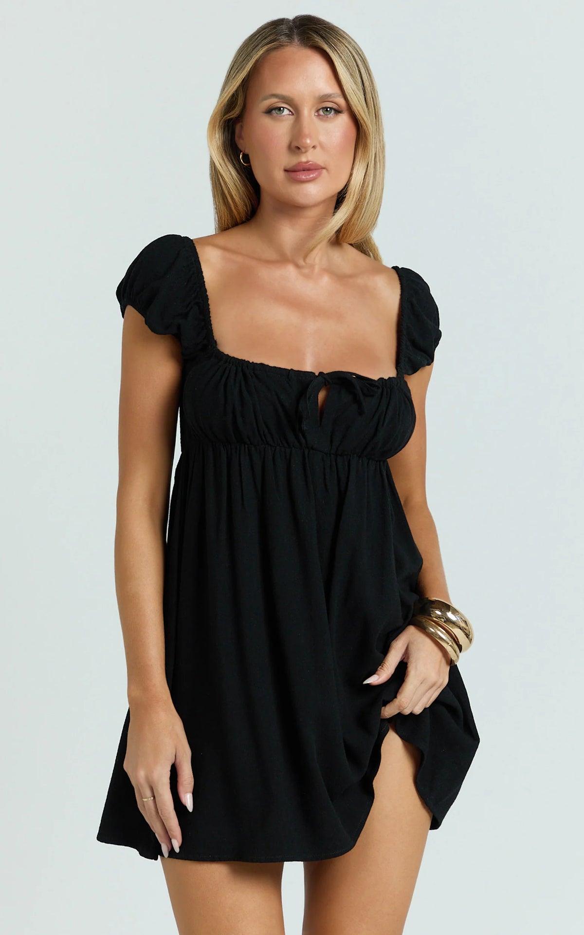Brooks Mini Dress - Puff Sleeve Front Tie Babydoll Dress in Lemon