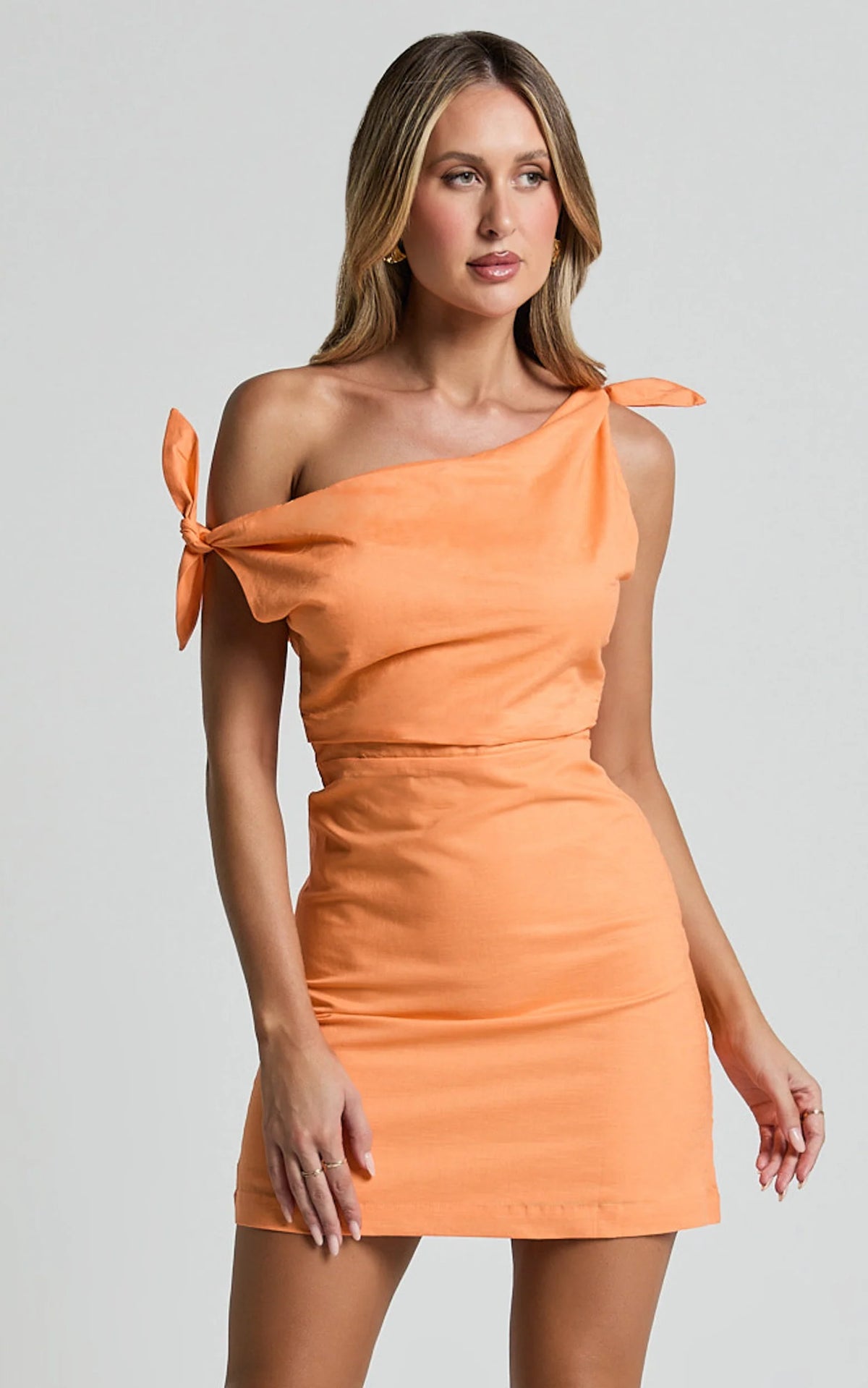Jeofina Mini Dress - Off The Shoulder Linen Look Dress in Pale Blue