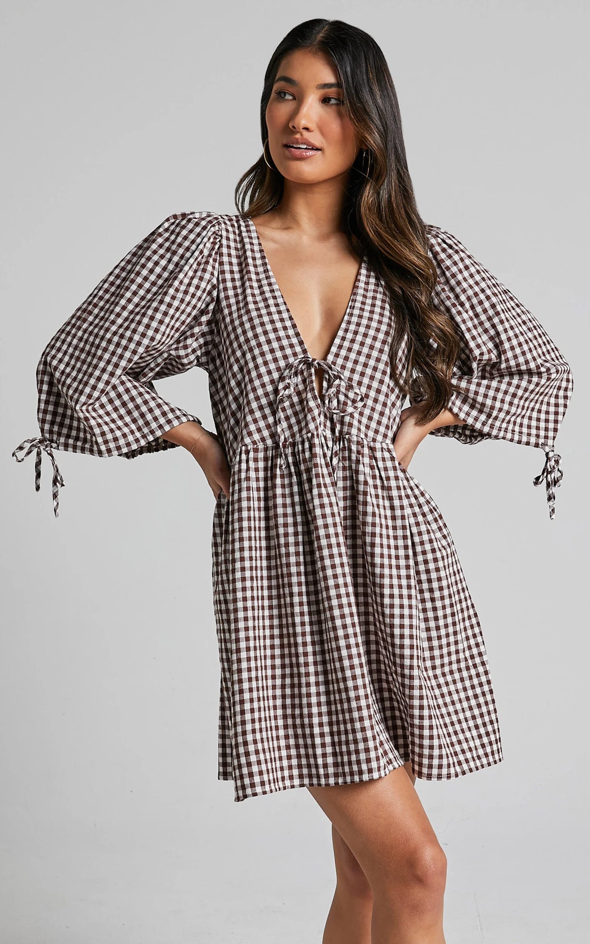 Rosita Mini Dress - Tie Front Puff Sleeve Dress in Black and White Check