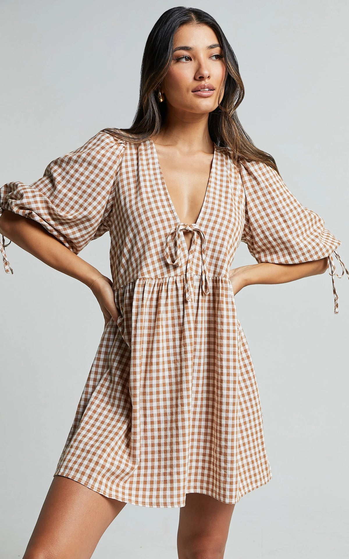 Rosita Mini Dress - Tie Front Puff Sleeve Dress in Black and White Check