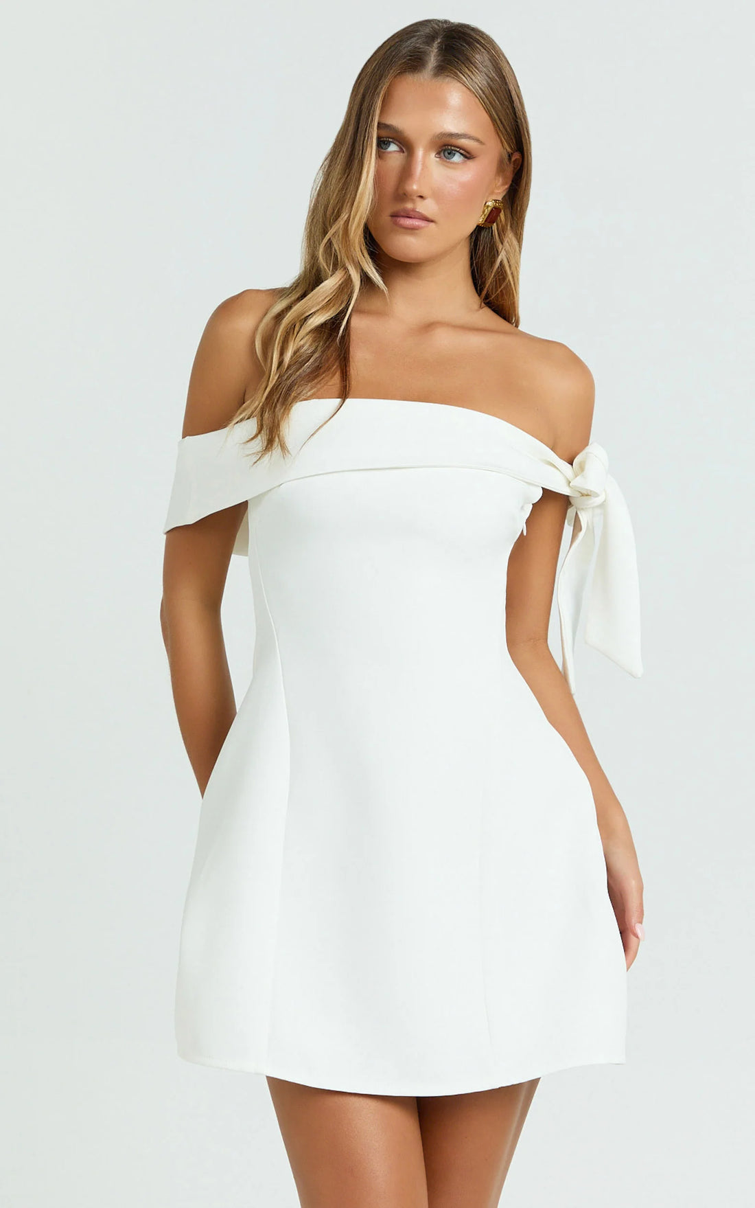 Cecilia Mini Dress - Off Shoulder Tie Detail Dress in Pale Blue