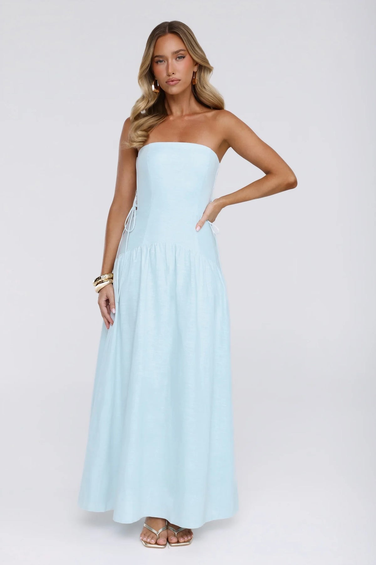 Just Feels Right Linen Blend Strapless Maxi Dress Blue