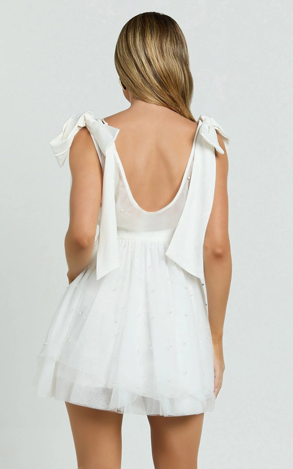 Karalyn Mini Dress - Bow Strap Plunge Pearl Detail Dress in White
