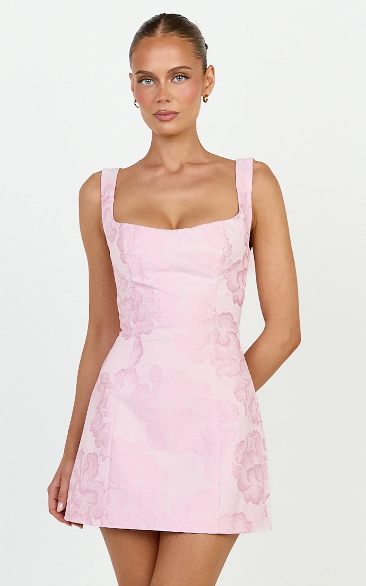 Orla Mini Dress - Jacquard Scoop Neck Fitted Dress in Pink