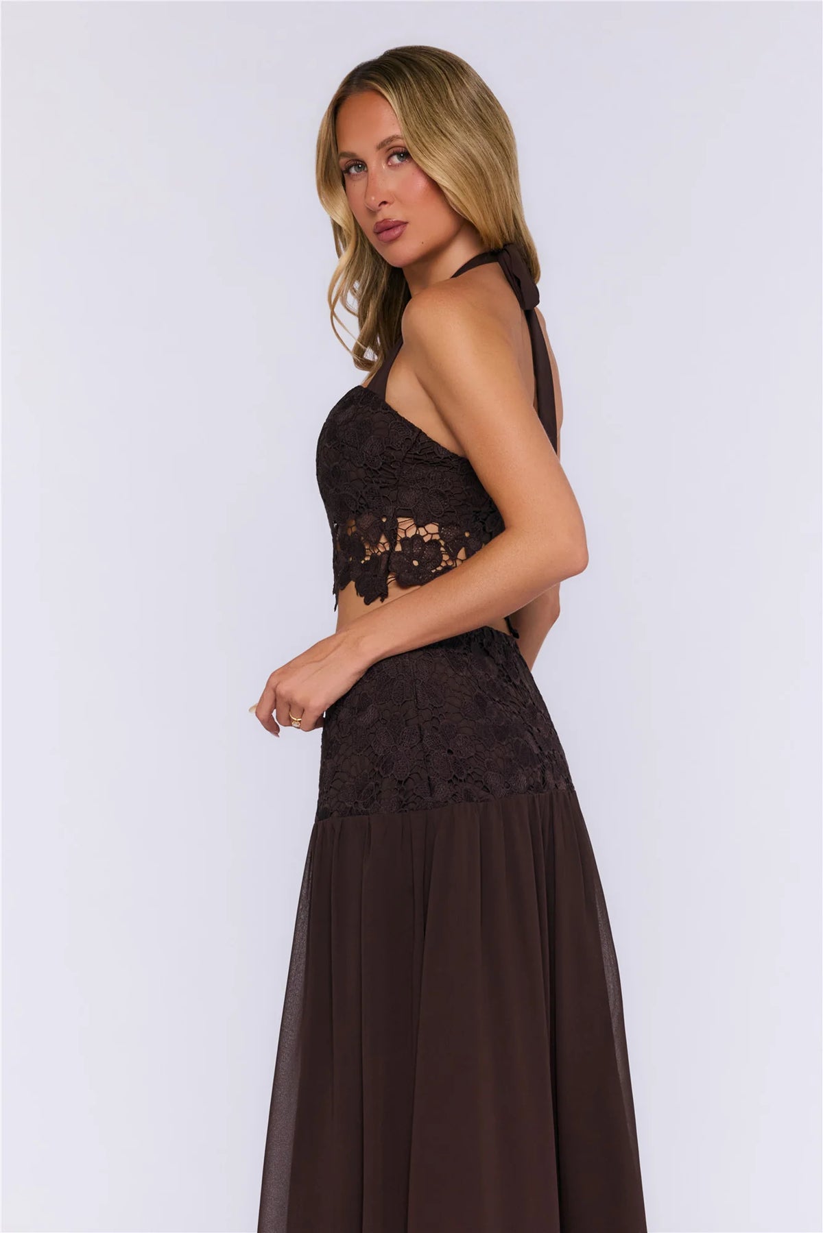 Dream Mood Embroidered Halter Crop Top Brown