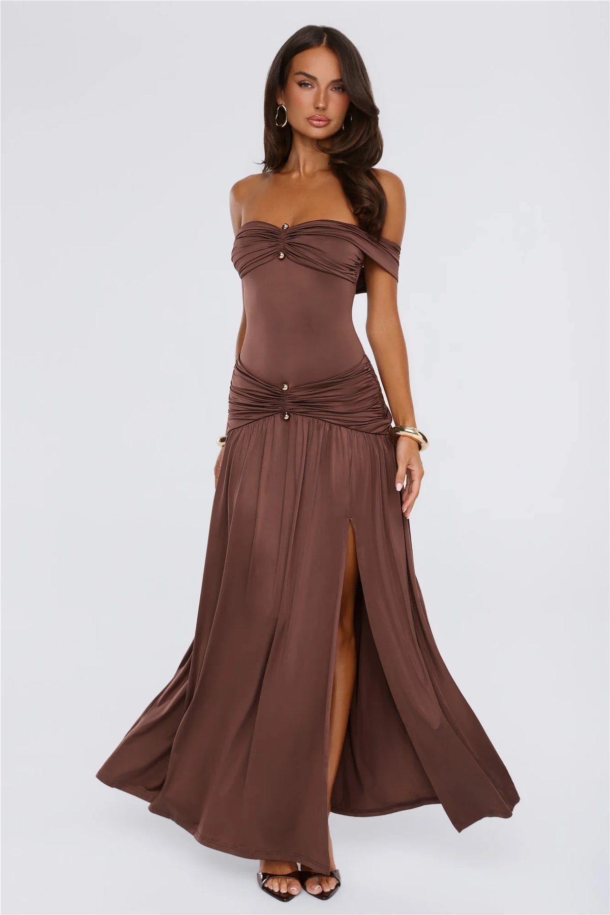 Under Your Charm Off Shoulder Maxi Dress Brown