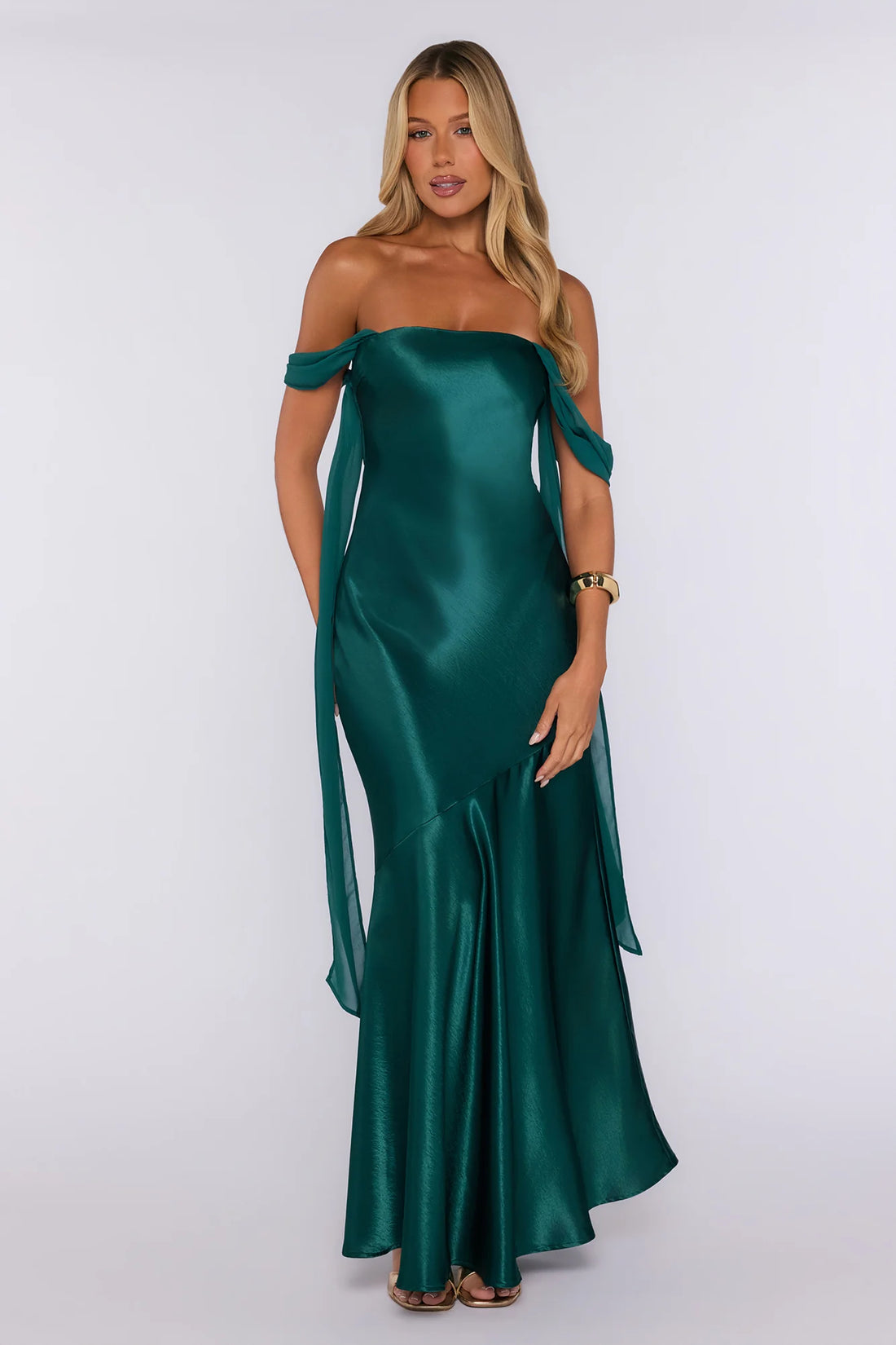Evening Glam Off Shoulder Satin Maxi Dress Green