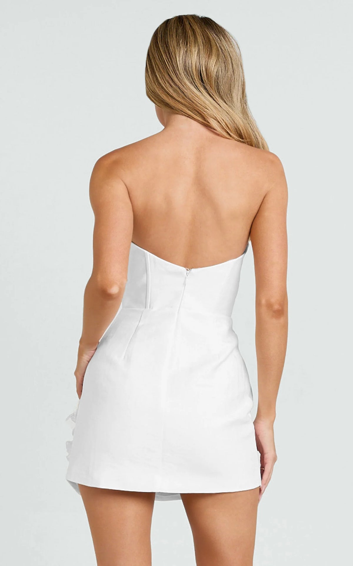 Dolores Mini Dress - Strapless Plunge Bodycon Leg Split Dress in Baby Pink