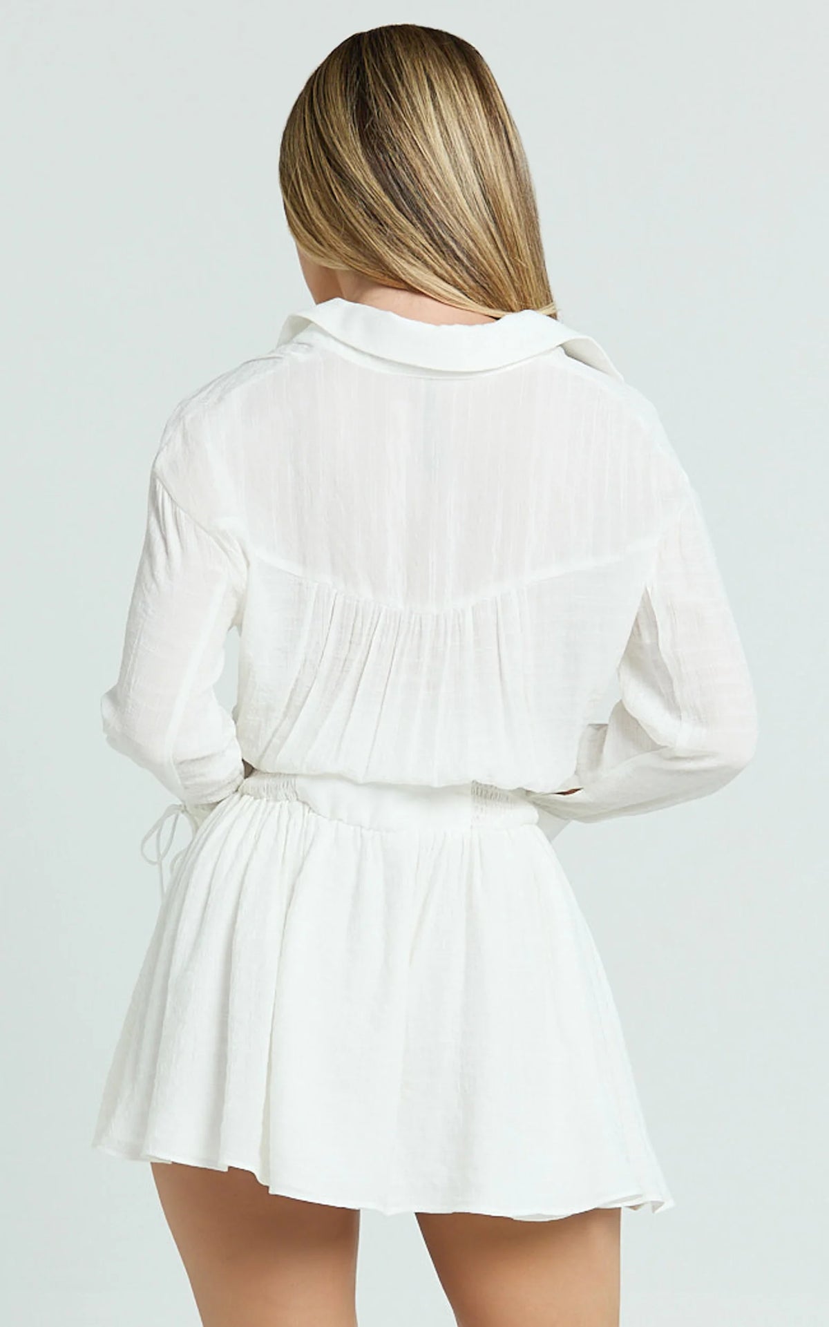 Valerie Mini Dress - Collared Long Sleeve Waist Shirt Dress in Black Polka Dot