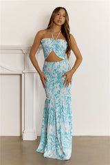 Tropical Escape Halter Cutout Maxi Dress Blue