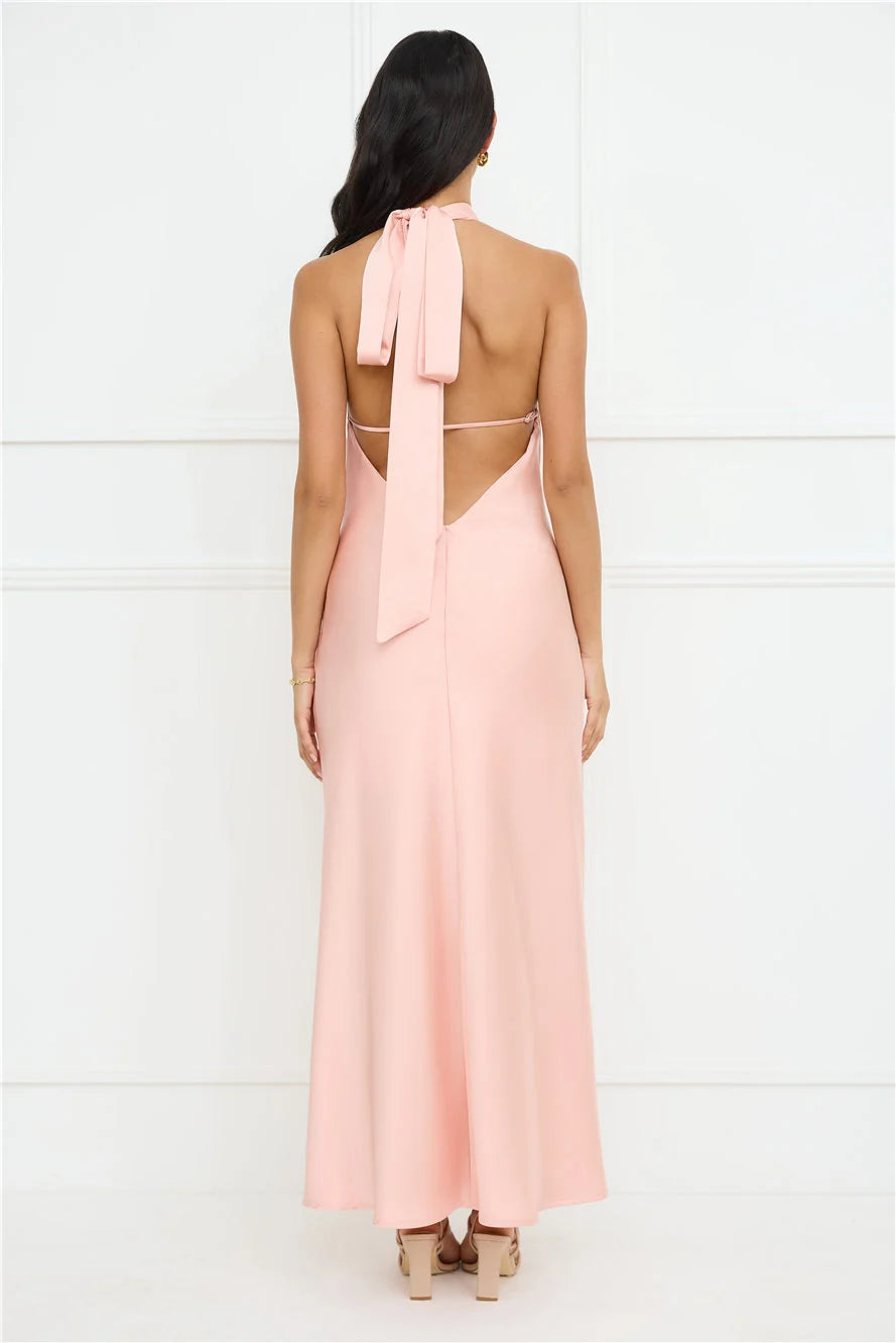 Delicate Dazzle Halter Satin Maxi Dress Peach