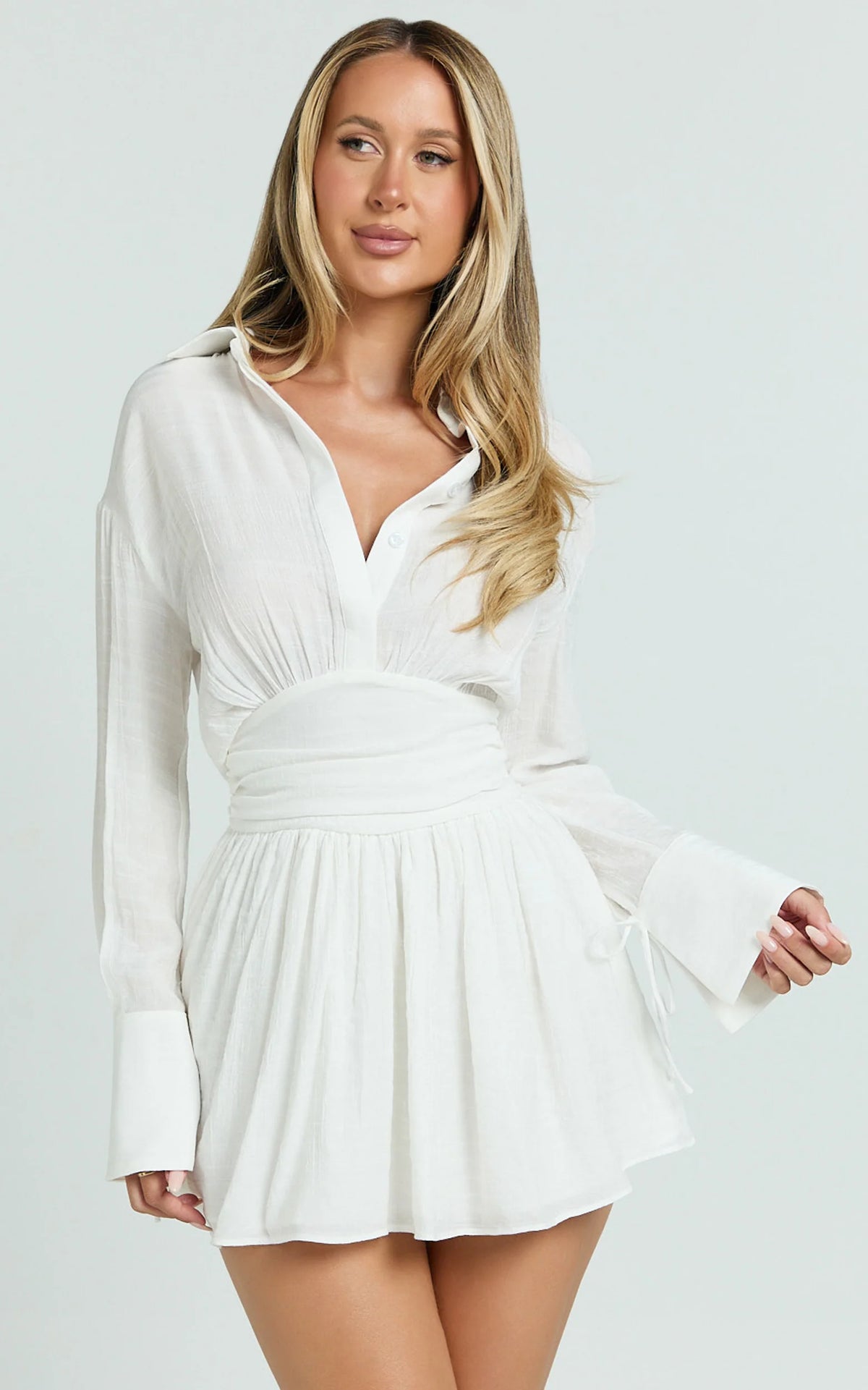 Valerie Mini Dress - Collared Long Sleeve Waist Shirt Dress in Black