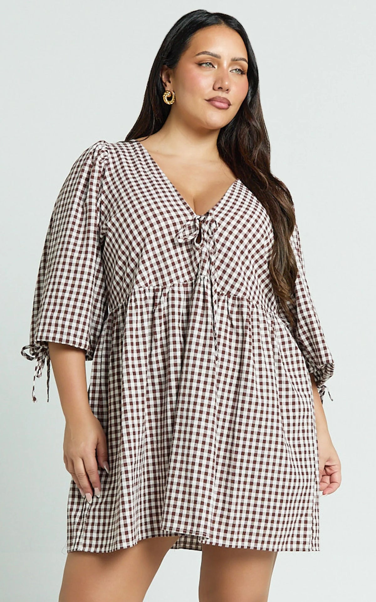 Rosita Mini Dress - Tie Front Puff Sleeve Dress in Black and White Check